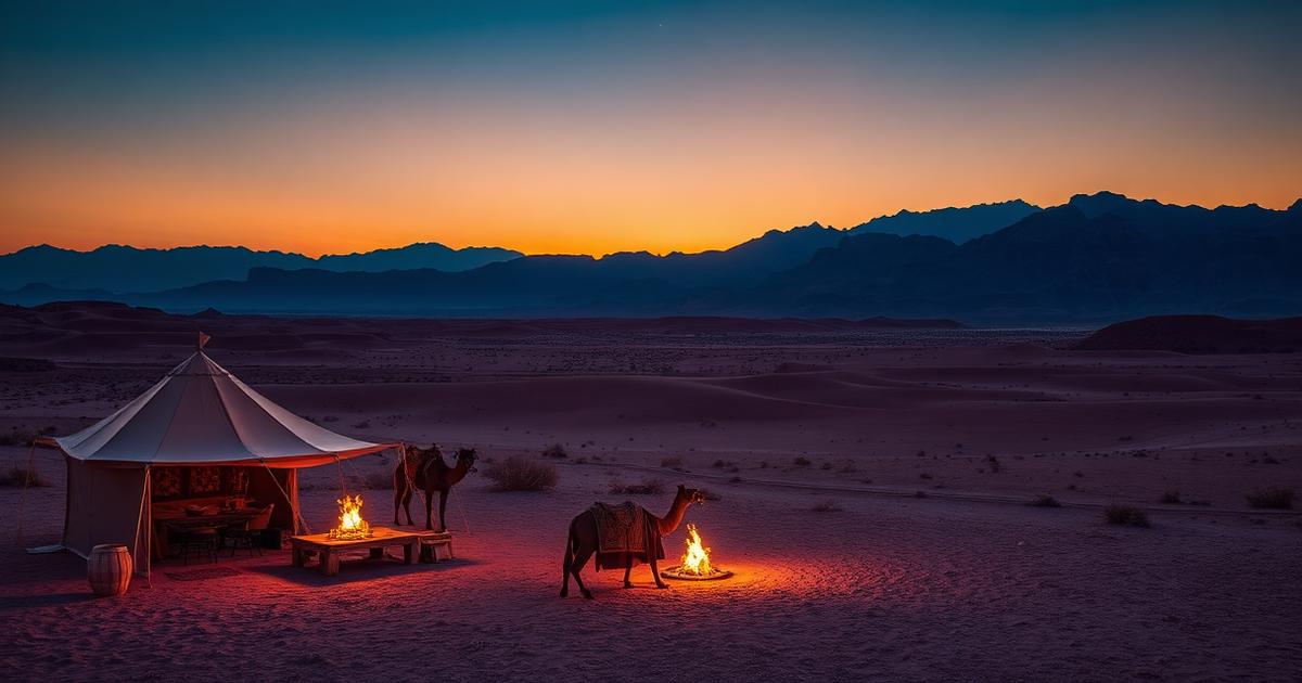 Dromadaires et campement éclairé aux lanternes dans le désert au crépuscule, près de Marrakech