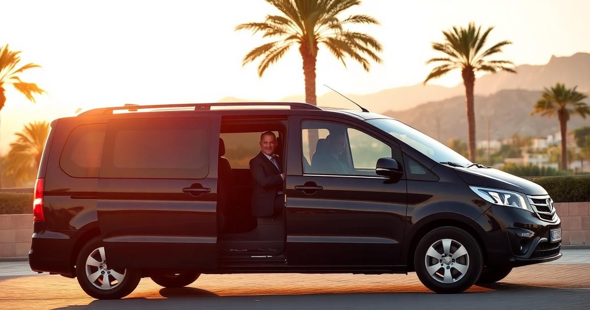 Driver in a suit beside a black minivan with the sliding door open, under palm trees on arrival in Marrakech