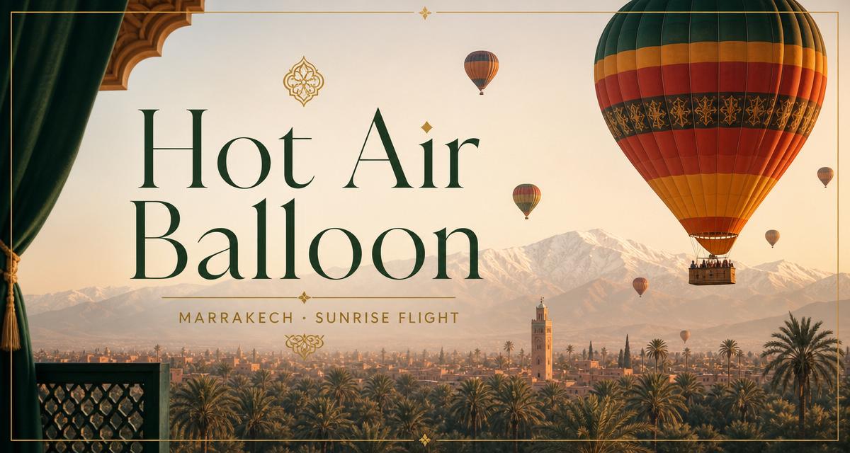 Globos aerostáticos al amanecer sobre el palmeral de Marrakech, con las cumbres nevadas del Alto Atlas al fondo