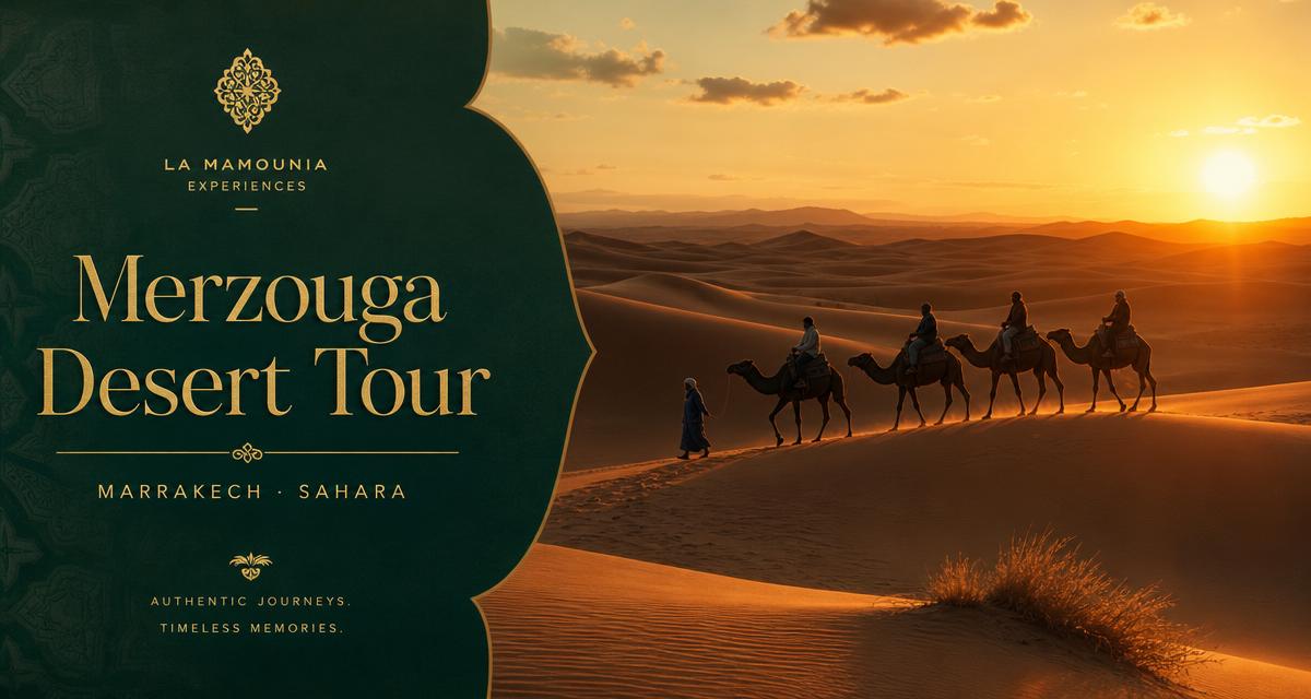 Caravana de dromedarios en la cresta de una duna del Erg Chebbi al atardecer, cerca de Merzouga