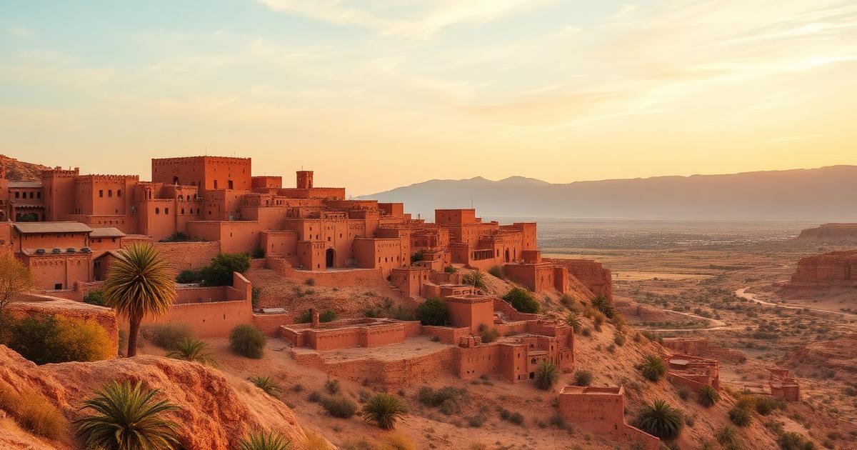 Ksar de adobe de Aït Ben Haddou con palmeras delante y las montañas del Atlas al fondo