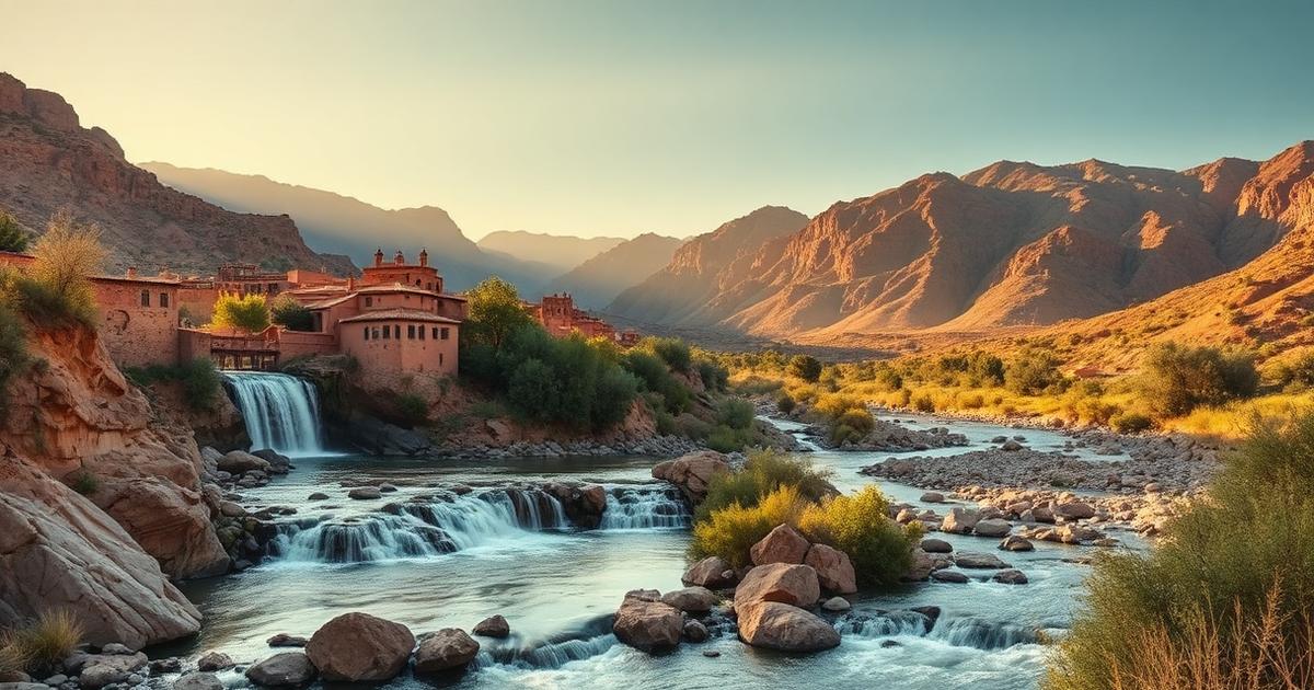 Rivière de la vallée de l'Ourika et terrasses de restaurant au pied des montagnes du Haut Atlas