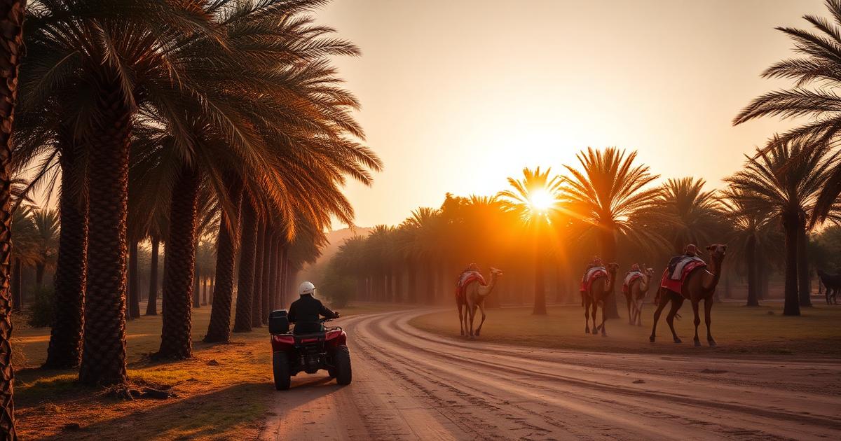Piloto de quad con casco en una pista de tierra entre las palmeras del Palmeral de Marrakech, con una fila de camellos al atardecer
