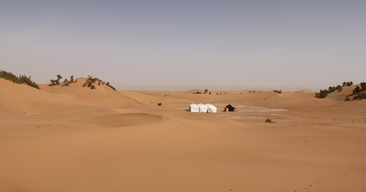 Dunas bajas cerca de Zagora, salpicadas de arbustos, con un pequeño campamento de jaimas blancas en medio de la arena